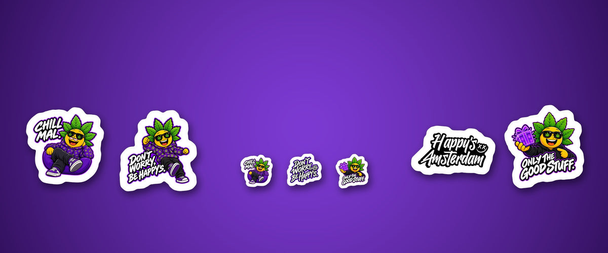 Happy Stickers von Happy’s Amsterdam auf lila Hintergrund