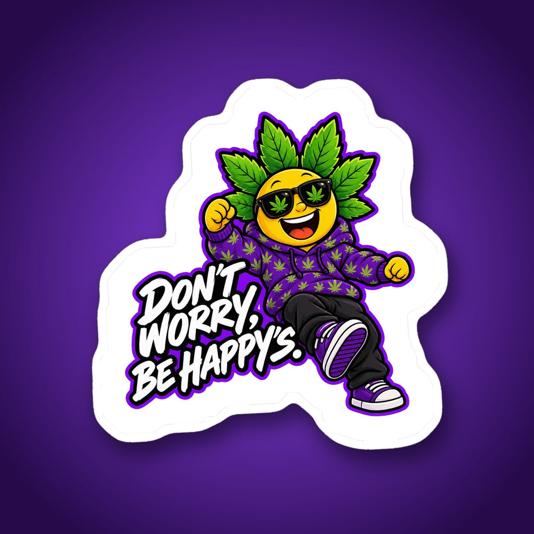 Sticker "Don’t worry, be Happy’s" mit tanzendem Happys Charakter