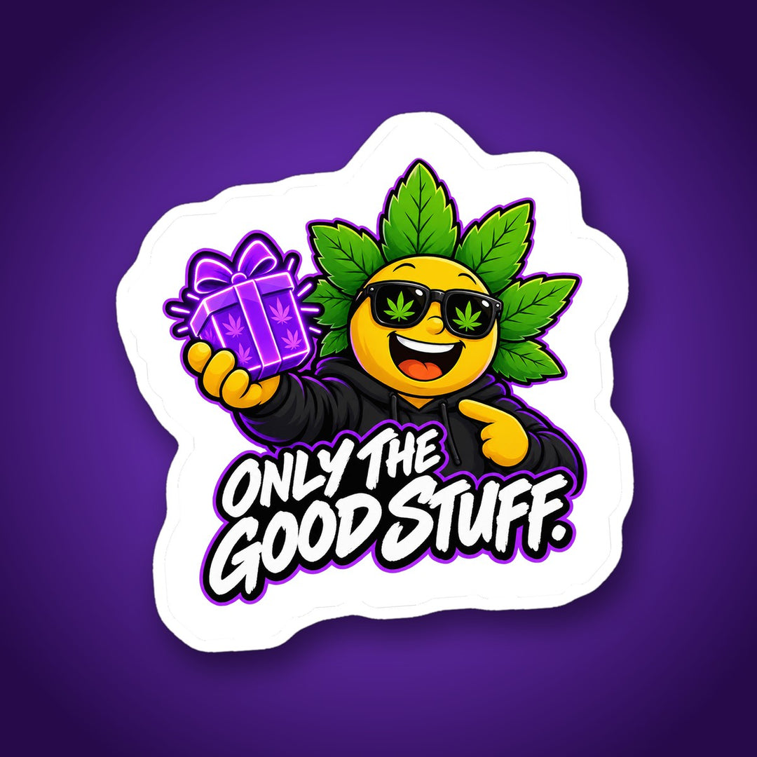 Sticker "Only the good stuff." mit Happys Charakter und Geschenk