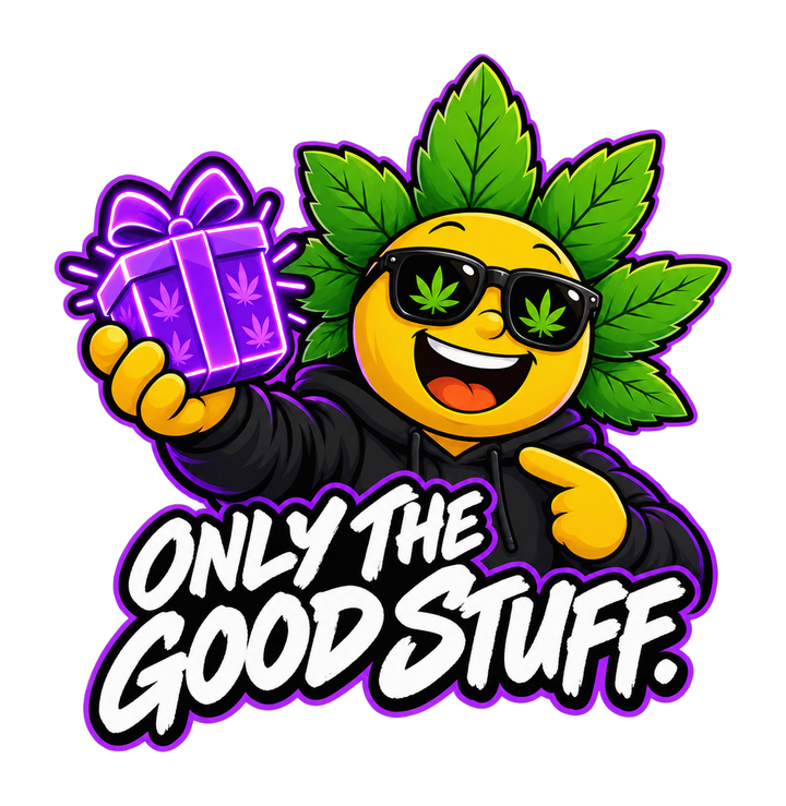 Sticker "Only the good stuff." mit Happys Charakter und Geschenk (freigestellt)